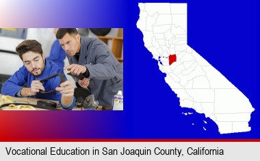 student studying auto mechanics at a vocational school; San Joaquin County highlighted in red on a map