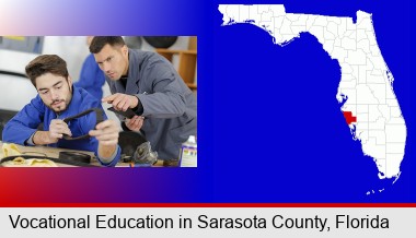 student studying auto mechanics at a vocational school; Sarasota County highlighted in red on a map