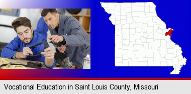 student studying auto mechanics at a vocational school; St Francois County highlighted in red on a map