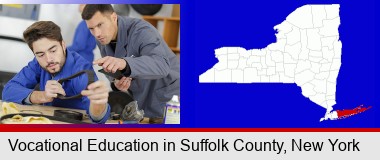 student studying auto mechanics at a vocational school; Suffolk County highlighted in red on a map