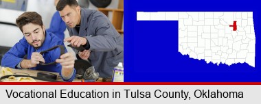 student studying auto mechanics at a vocational school; Tulsa County highlighted in red on a map