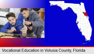 student studying auto mechanics at a vocational school; Volusia County highlighted in red on a map