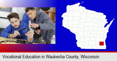 student studying auto mechanics at a vocational school; Waukesha County highlighted in red on a map